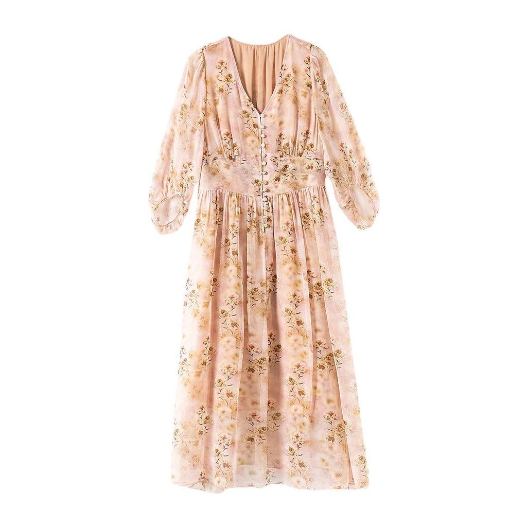 Fairy Pink Floral Short-Sleeve Mulberry Silk Dress - Seaside Holiday Long Skirt