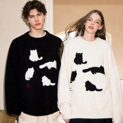 Little Cat Jacquard Round Neck Sweater for Men & Women - Autumn/Winter Casual Couple's Pullover Knitwear