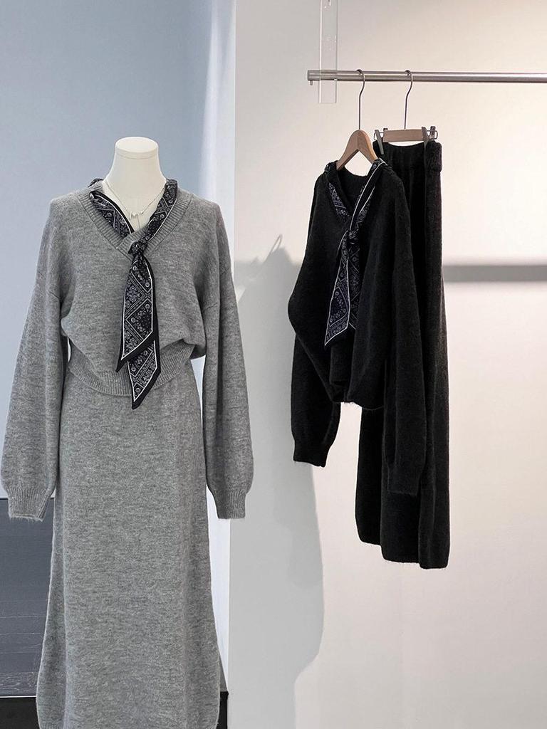 Elegant Autumn/Winter Two-Piece Set: Sweater Jacket & Half Skirt with Silk Scarf for Women.