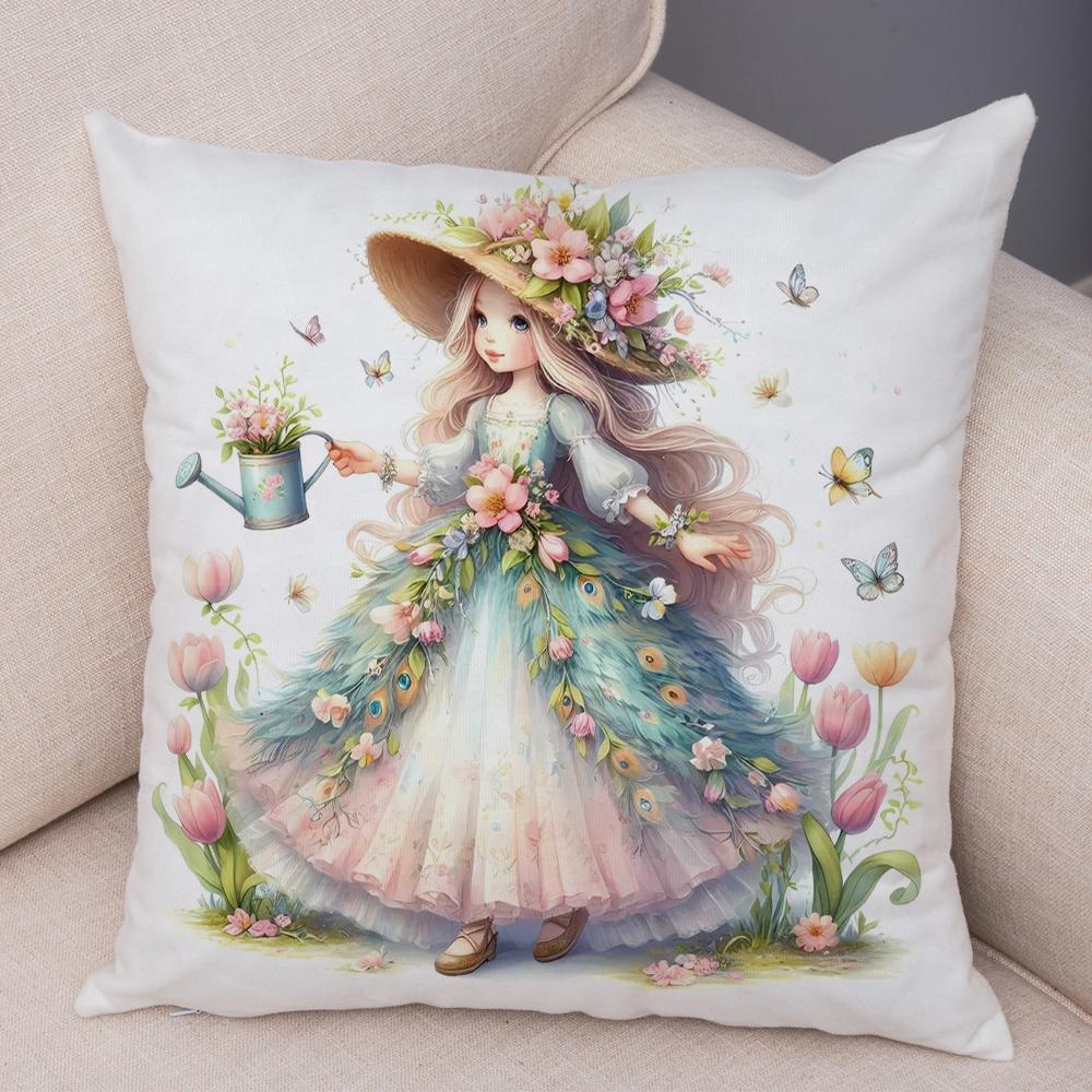 Pfau Blumenmädchen Kissenbezug Doppelseitiger Druck Kissenbezug Dekor Niedlich Cartoon Kind Weicher Plüsch Kissenbezug für Sofa Zuhause 45x45cm