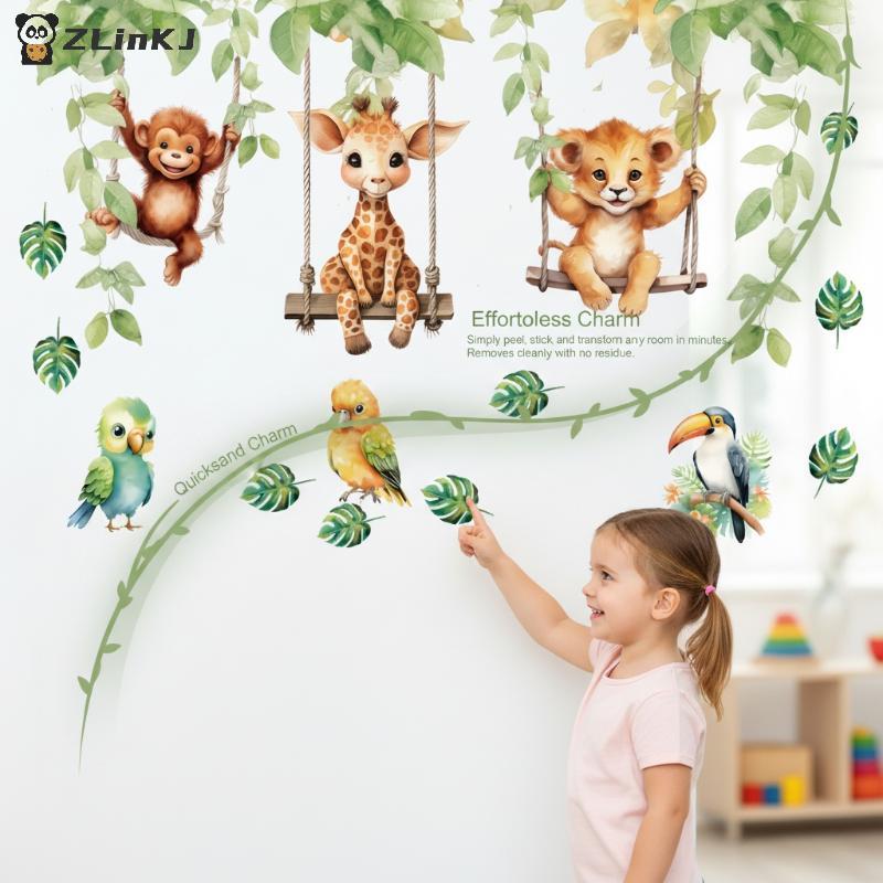 Cartoon Animal Wall Stickers Bird Swinging Removable Mural Art for Children Nursery Room Decoration Self Adhesive Decals