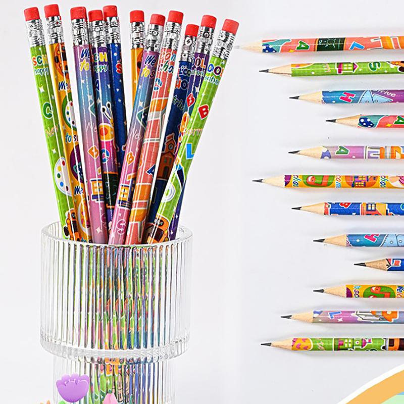 12Pcs Wooden Hb Pencil With Eraser Cute Sketch Drawing Pencil Student Writing Stationery Office Supplies Children'S Gift
