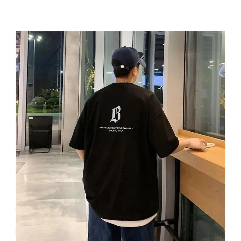 Men's Summer Heavy American Sle Short Sleeve T-shirt Loose Cotton Ins Fashion Brand Men's Half Sleeve T-shirt Simple White Top