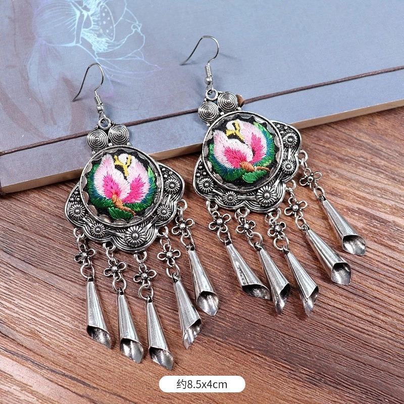 Vintage embroidery earrings hairpin classical temperament Miao peacock flower fringed earrings hair accessories set women