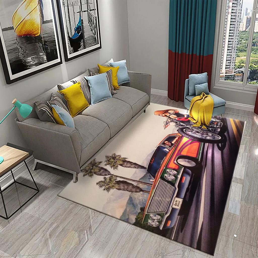 3D Vintage Cool Classic Motorcycle Carpet Oil Painting Art Carpet Home Bedroom Living Room Decorations Rug Bathroom Non-Slip Mat