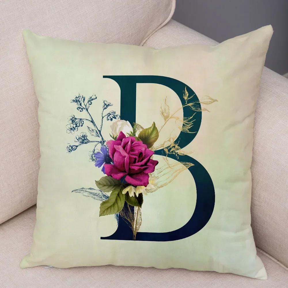 English Flower Beige Letter Print Pillow Case for Sofa Home Decor Floral A-Z Cushion Cover Soft Short Plush Pillowcase 45x45cm