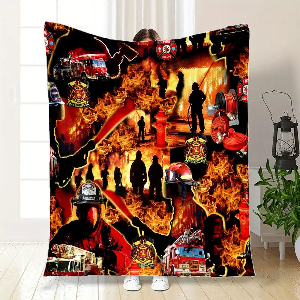 Firefighter Fireman Rescue Truck Helmet Hydrant Badge Print Fabric PanelBlanket Flannel Throw Blanket for Sofa, Bed, Travel, Camping, Office