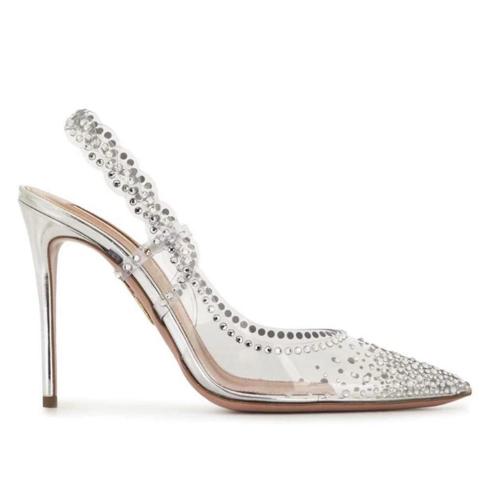 Spring and summer new style pointed transparent with rhinestone heels silver fashion trend stiletto women's shoes