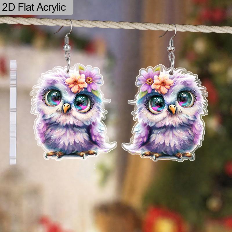 2D Flat Acrylic Christmas Pink Purple Owl Pendant Earrings, Suitable As A Holiday Gift for Women, Holiday Party Decorative Jewelry.