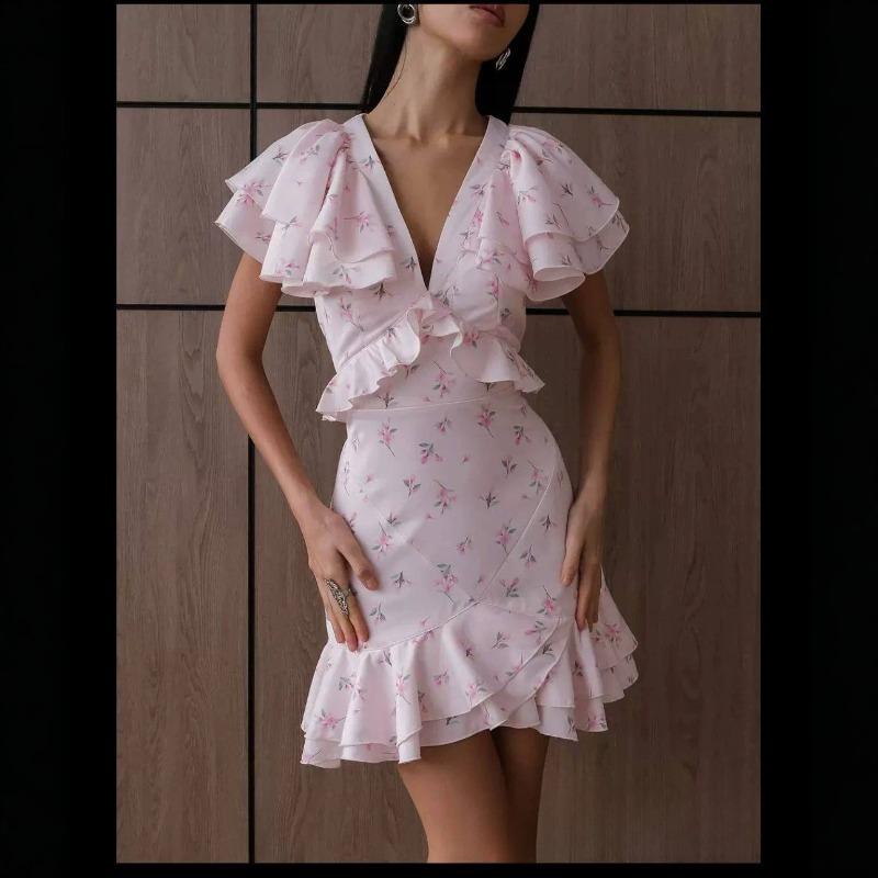 Women s Dress Summer Beach Vacation Floral Ruffle Edge V-neck Short Sleeve Women s Short Dress Fashion Elegant Waist Cinching Female Dress S розовый