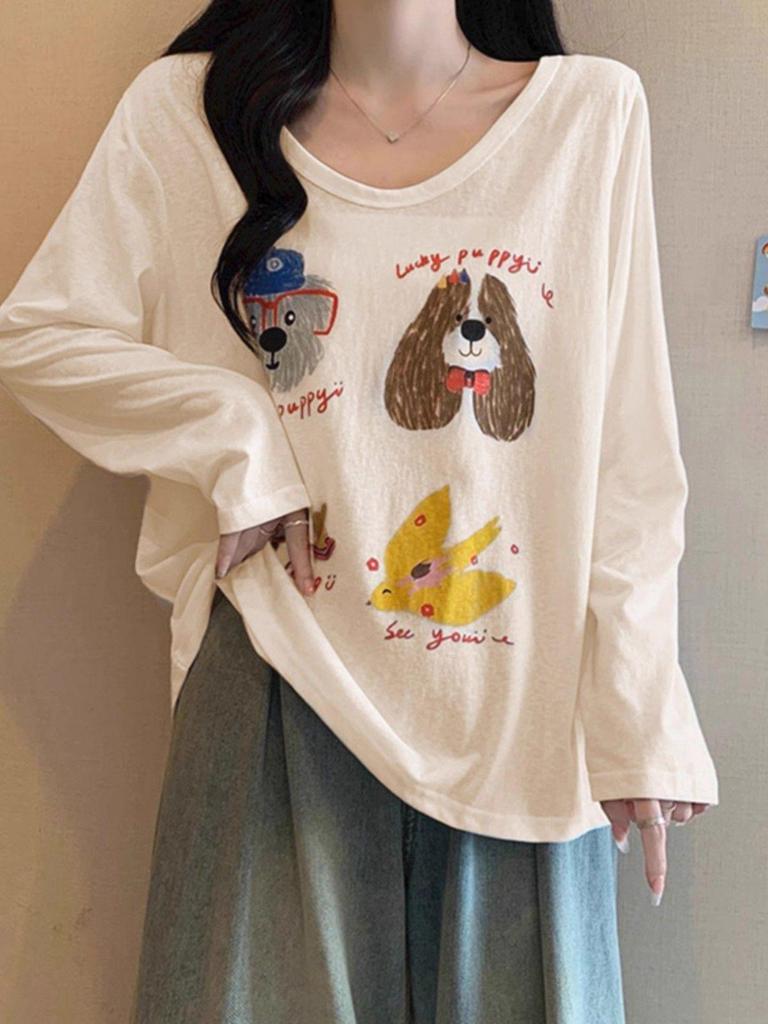 Women's Apricot Dog Print Long-Sleeve T-Shirt - Cozy, Casual U-Neck for Autumn/Winter