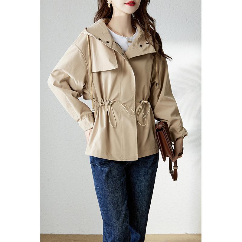 

Khaki hooded trench coat women s spring and autumn new autumn clothing short small spring drawstring jacket women s clothing S хакі