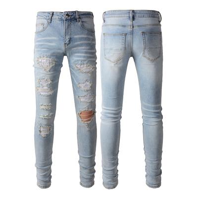 Street Denim Casual Trousers Micro-stretch Cotton Youth Blue Holes Tight Jeans Men's Fashion Trousers