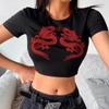 Dámské tričko Letní móda Crop Top s krátkým rukávem Dragon Print