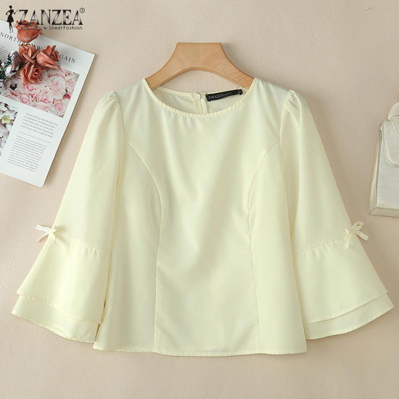 ZANZEA Women Casual Round Neck Solid Color 3/4 Sleeve Blouse