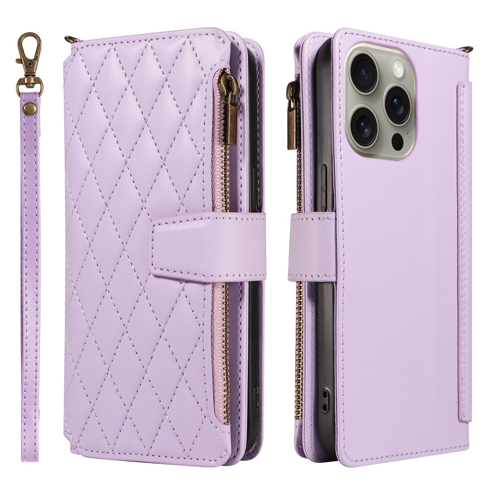 

For iPhone 16 Pro Max Leather Case with Card Holder,RFID Blocking Wallet Phone Cover Rhombus Pattern Purple