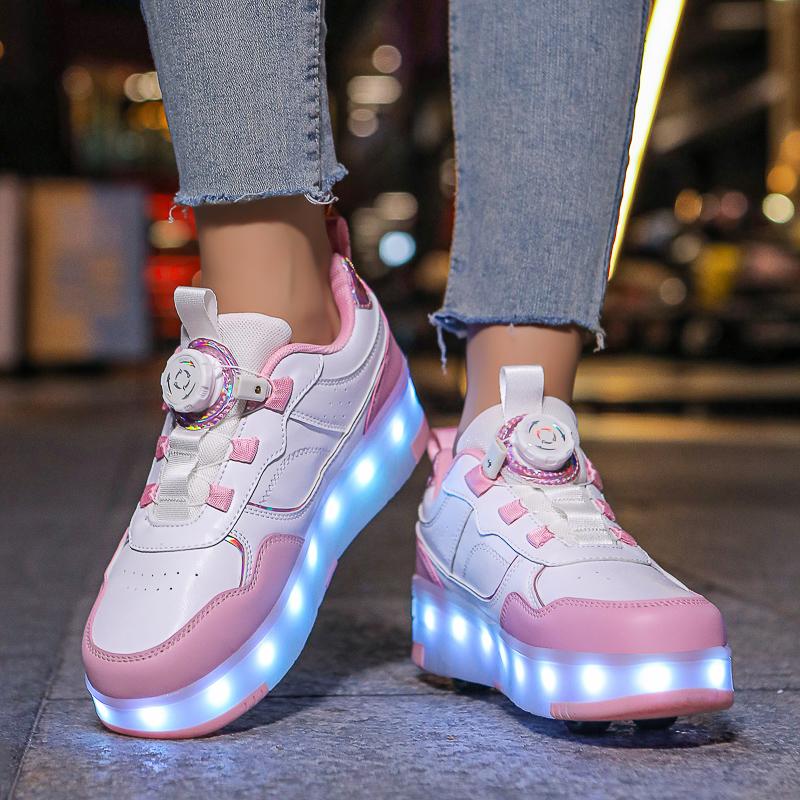 Kid's Rotating Button Wear Quick Four Wheel Running Shoes with Wheels Sports Shoes USB Charging LED Light Sports Shoes Girls Roller Skates