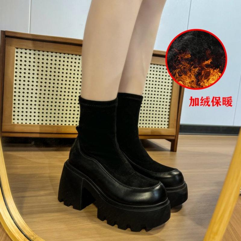 Thick-soled Medium Leather Boots Women's Autumn and Winter 2025 New Muffin Shoes Popular Fashion Short Boots Women's Thin Elastic Boots