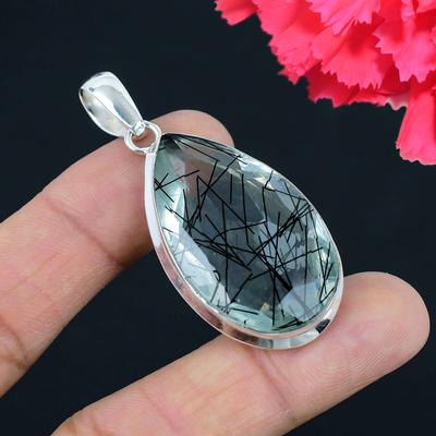 Black Rutle Gemstone Pendant Solid 925 Sterling Silver Pendant Jewelry Gift For Unisex