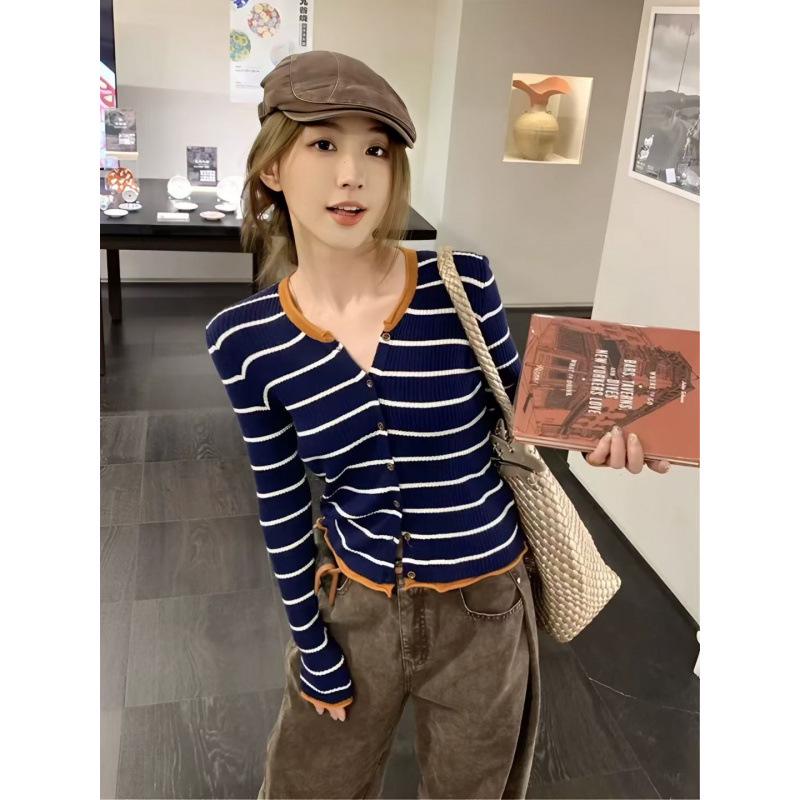 Women's Slim Fit Korean V-Neck Striped Knit Cardigan – Early Autumn Retro Style Sweater