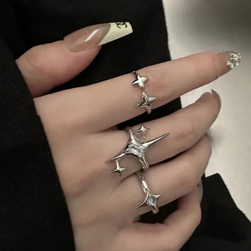 Vintage Irregular Cross Star Couple Ring for Women Men Punk Gothic Sliver Color Kpop Adjustable Rings Y2K Egirl Jewelry Gift