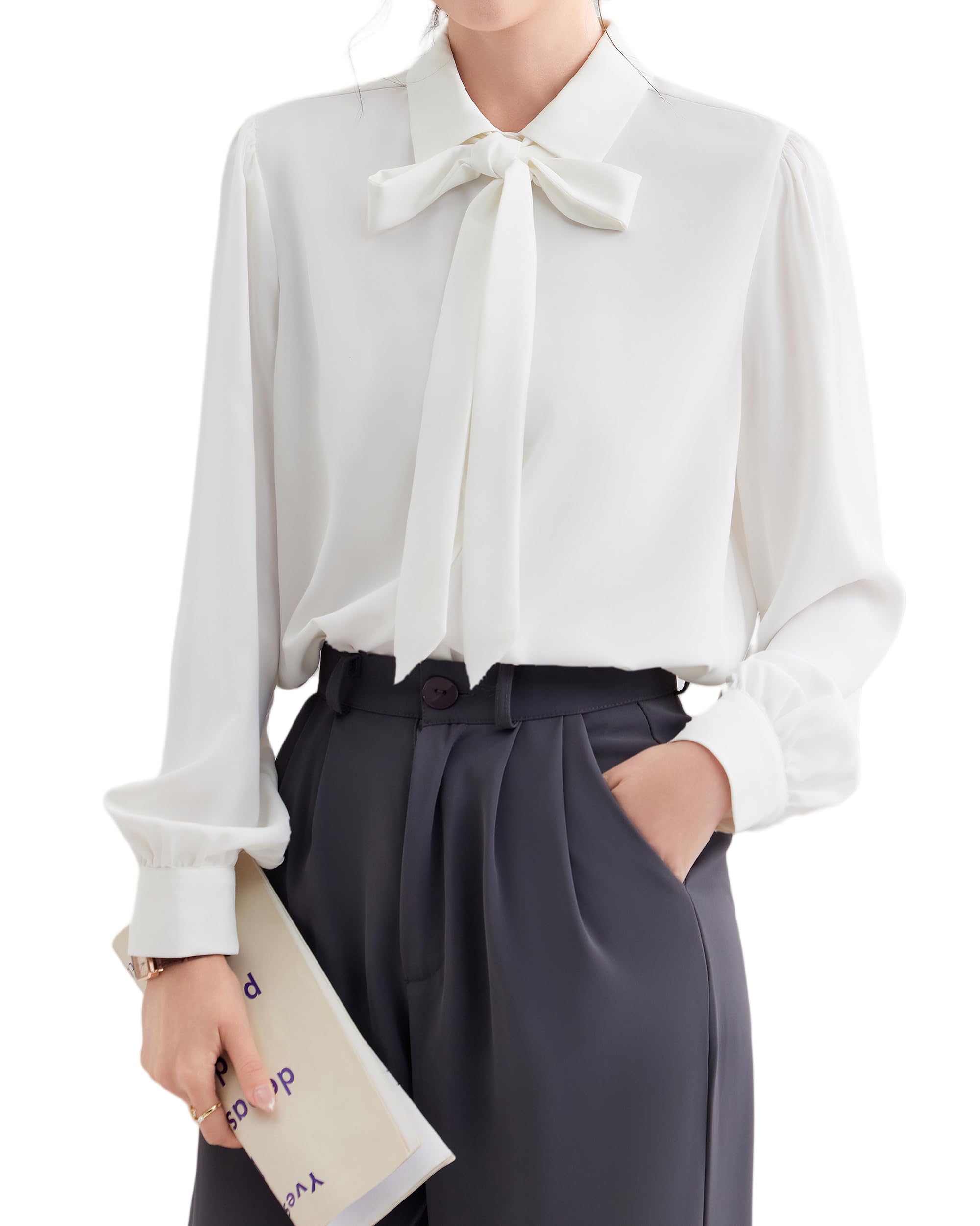 

SPRING SEAON Long Sleeve Chiffon Dress Shirt with Bow Available in Plus Perfect for and Fall Women s Tie, Sizes, Slimming, Stylish, Casual, белый