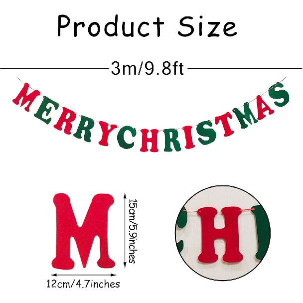 Merry Christmas Banner Red Green Wool Felt Garland Christmas Decorations Indoor Happy Holiday Decorations Cute Hanging Decor for Mantel Fireplace