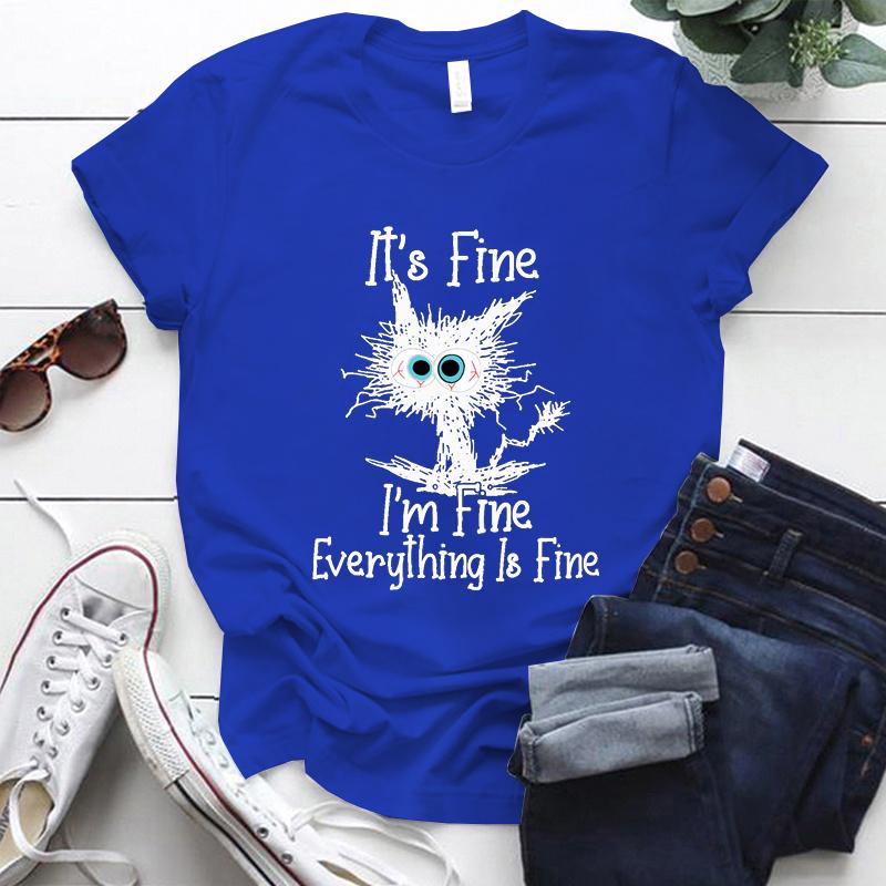 Fine Everything Is Fine Funny Cat Print T-Shirt Men's and Women's Casual Top Funny Cat Summer Loose Short Sleeve Shirt