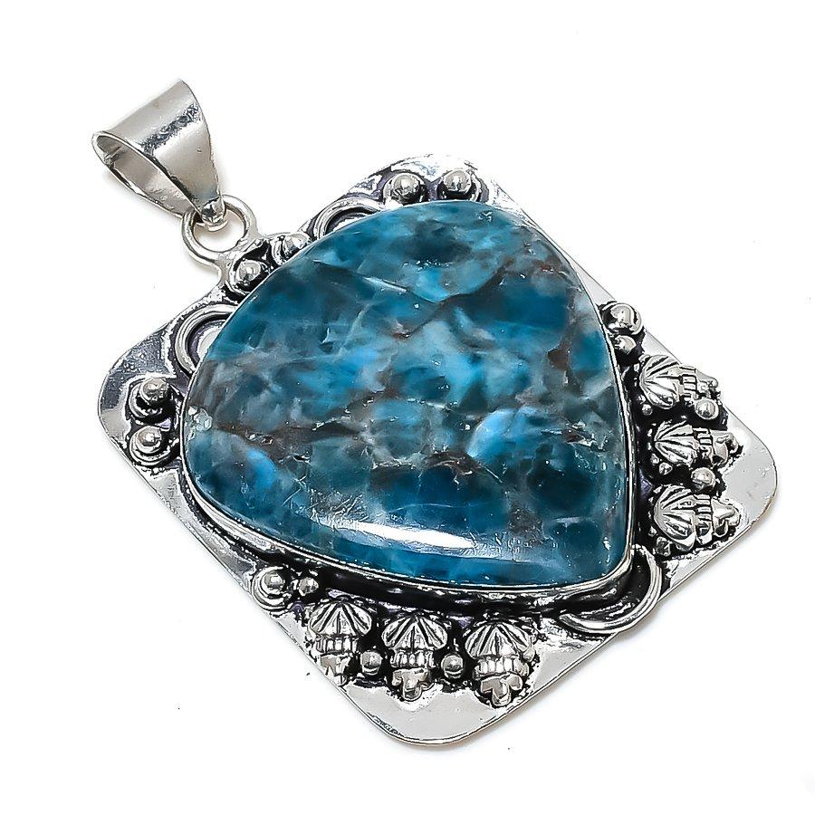 Neon Blue Apatite Gemstone 925 Sterling Silver Jewelry Pendant 2.29" w0M41
