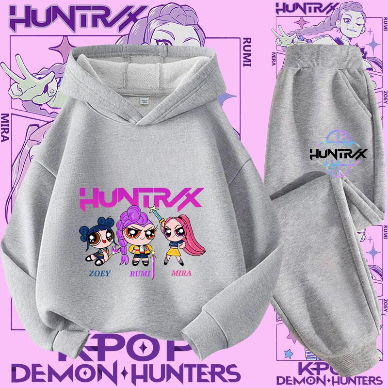 New K-pop Demon Hunter 3 - 12-year-old Girls' Sportswear 2-piece Cute Casual Top Children's Hooded Shirt Set with Cartoon Print