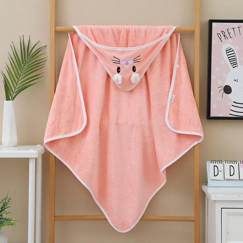 Toalha de Bebê com Capuz em Lã Coral e Manta Swaddle com Bordado de Desenho Animado