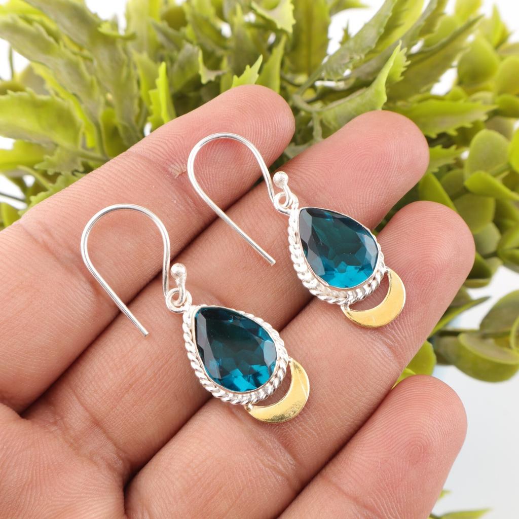925 Sterling Silver Apatite Gemstone Jewelry Handmade Earrings 1.5" For Birthday EE-162-7