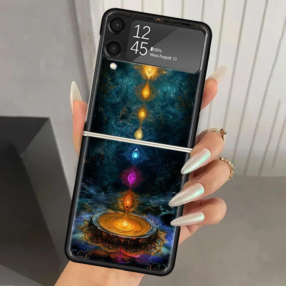 Yoga Chakra Spiritual Energy Universe Hard PC Phone Case For Samsung Galaxy Z Flip 7 6 5 4 3 Black ZFlip7 ZFlip6 Flip5 Flip4 Fli