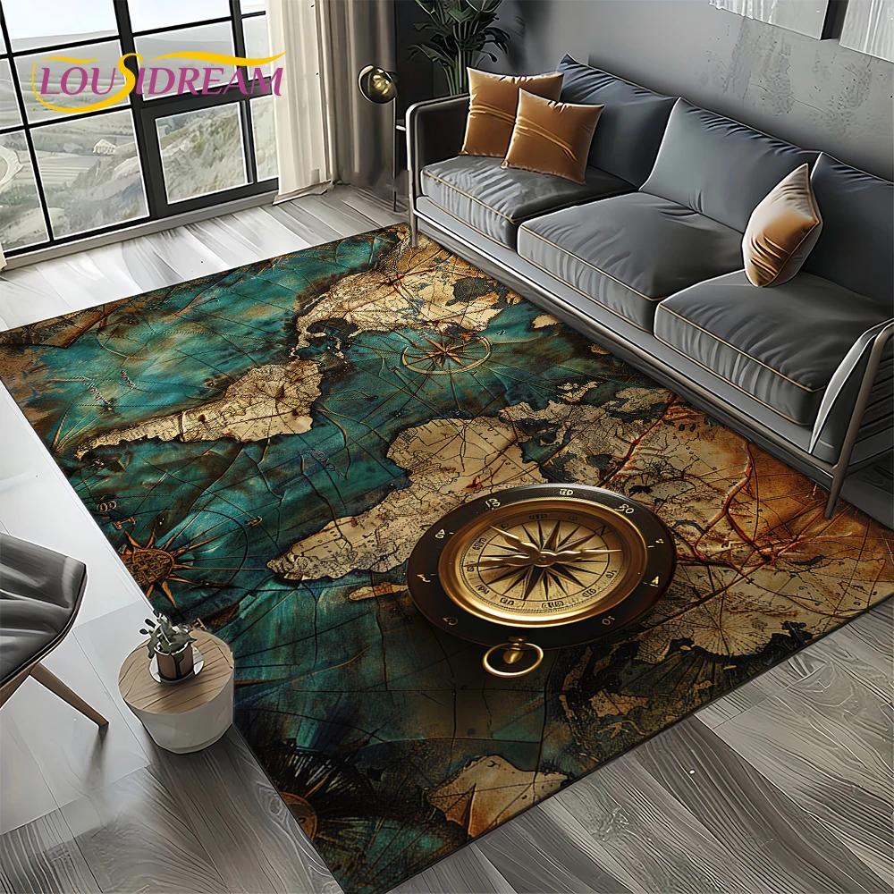 2025 Retro Ancient Nautical Chart Kraft World Map Compass Carpet Rug for Living Room Bedroom Sofa Decoration,Non-slip Floor Mat