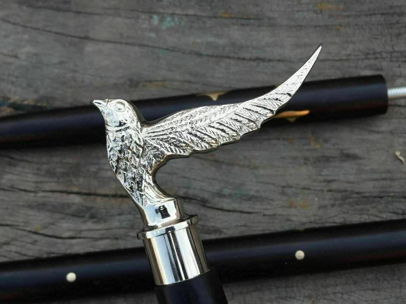 Nautical Cane Victorian Brass Silver Bird Head Handle Wooden Style Walking Stick
