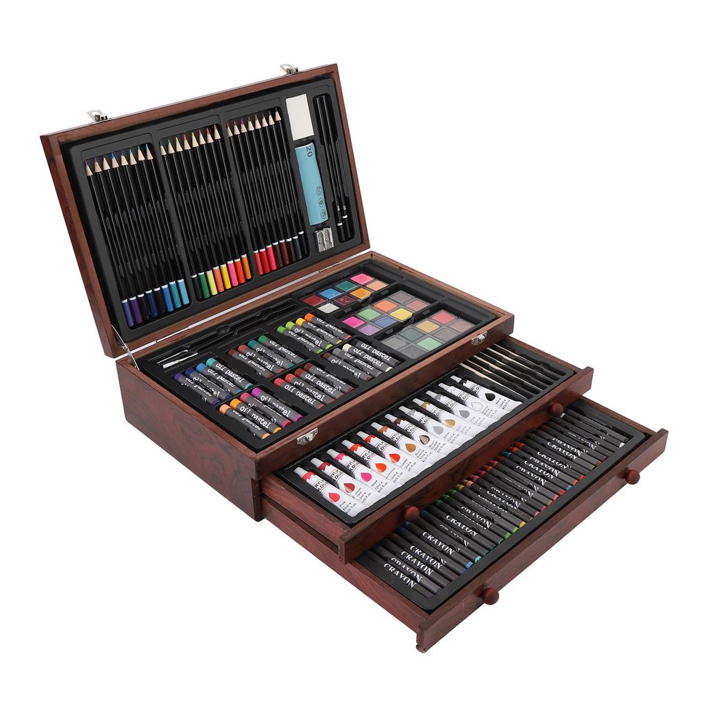 142PCS Set Wooden Art Set 24PCS Colored Pencils 24PCS Oil Pastels 60PCS Crayons Watercolor Paints