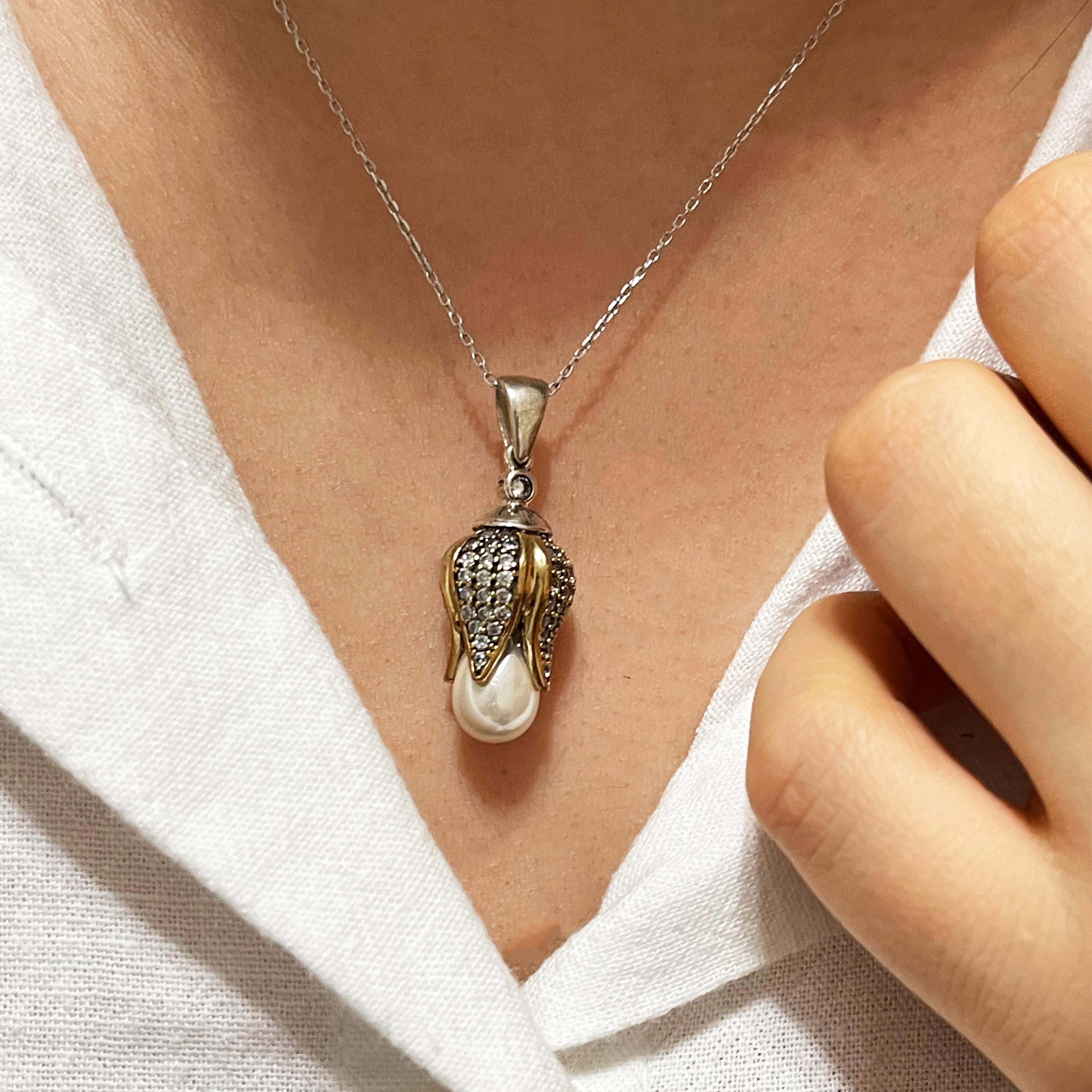 

Подлинное османское ожерелье с жемчужным камнем и тюльпаном из серебра: Неподвластный времени образец элегантности и наследия, винтажные османские украшения 45 cm серебряный