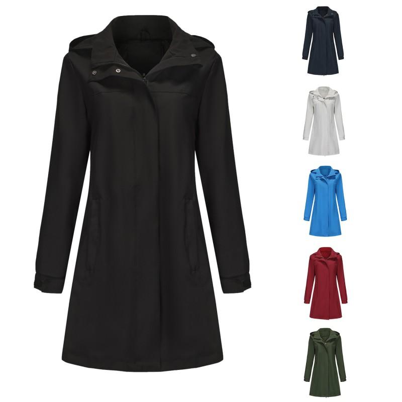 Womens Lightweight Waterproof Windbreaker Jacket Detachable Hood Solid Color Long Sleeve Casual Outerwear
