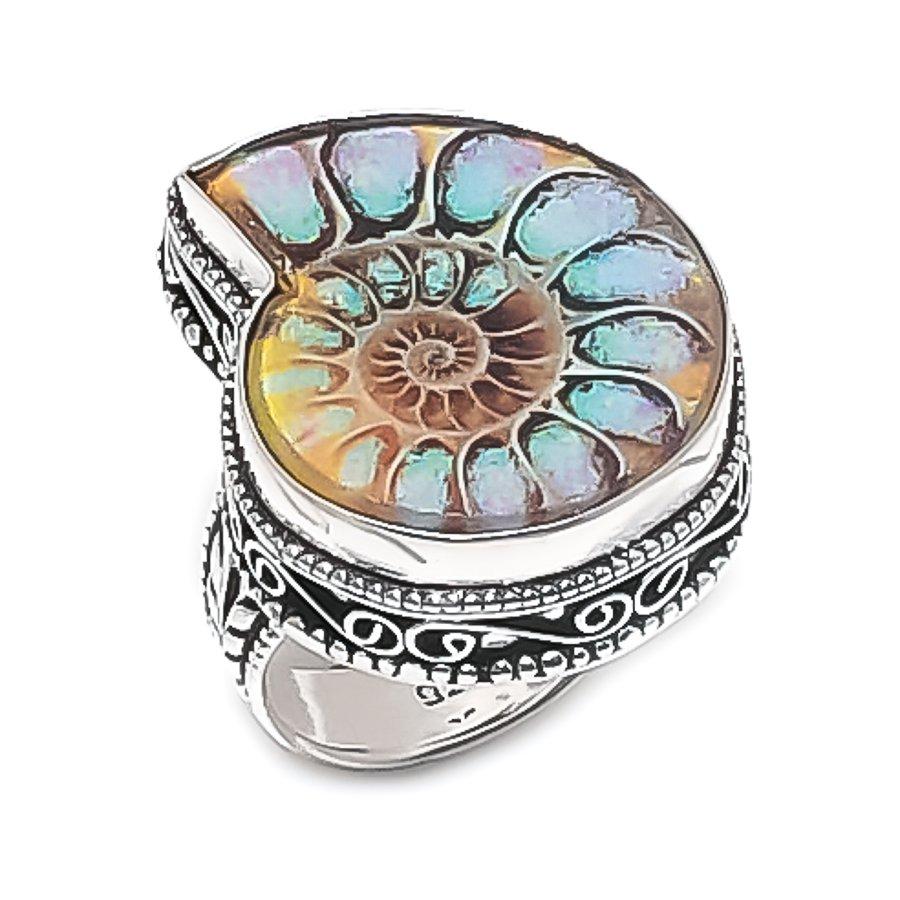 

Ископаемый аммонит Драгоценный камень Ювелирное изделие Кольцо из стерлингового серебра 925 пробы Размер 8.5