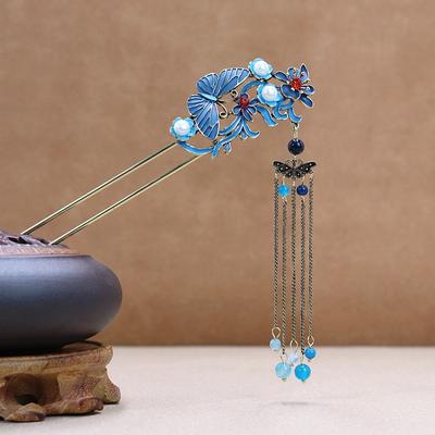Ming Antique Hanfu Headdress Cloisonne Fringed Hairpin Phoenix Butterfly Peony Hot Blue Hairpin Hairpin Walking Woman
