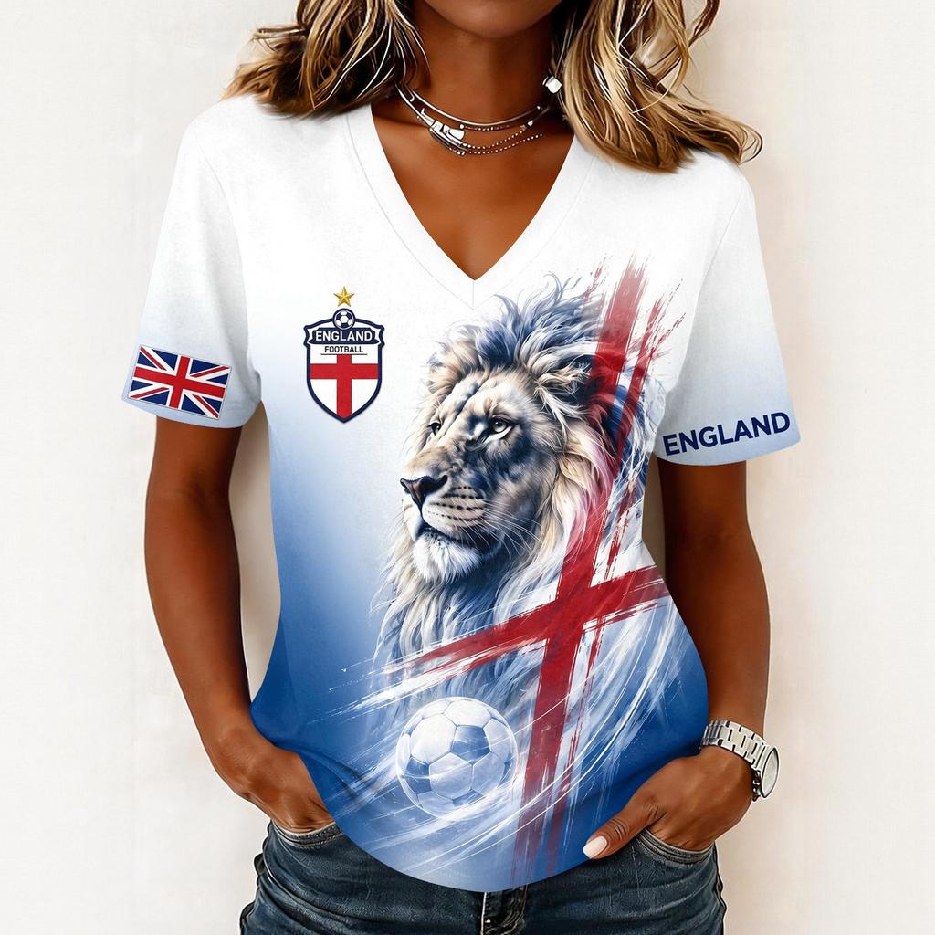Women's Short Sleeve V-Neck T-Shirt with Soccer Flag Print for Casual Day Wear
