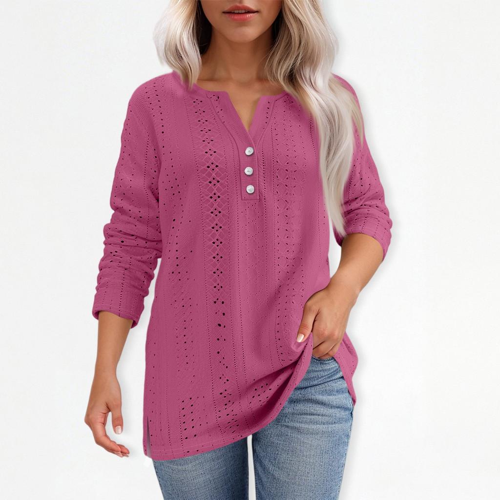 T-skjorte for kvinner T-skjorte med knapp 3/4 ermer Daglig helgmote Basic V-hals vanlig topp