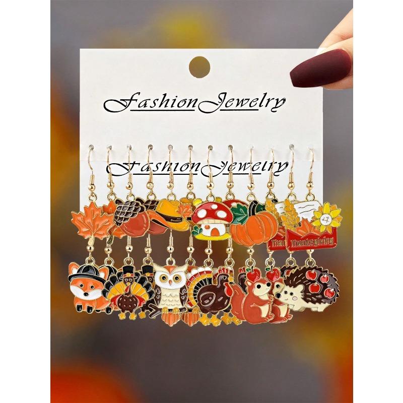 New Cross-Border Thanksgiving Creative Cute Drip Oil Pumpkin, Maple Leaf, Squirrel, Turkey, Mushroom, Hazelnut, Animal Ear Pendant Earring Set