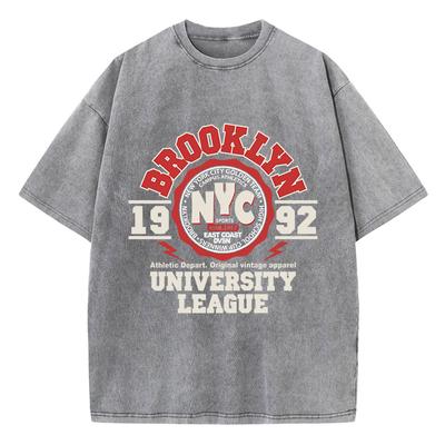 Womens Acid Wash T-Shirts Brooklyn University League Printing Tees Distressed Oversize Cotton Short Sleeve Trend Clothes