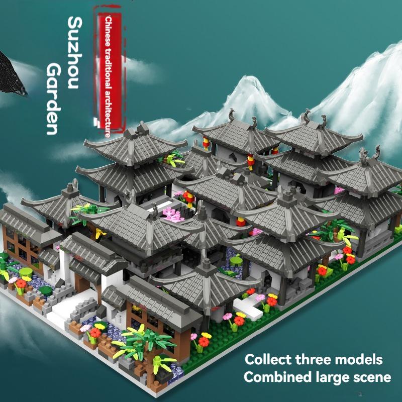 Non-Toxic Chic Micro Suzhou Garden Three In One Ancient Style Architecture With High Difficulty Assembly Block Toys Puzzle Birthday Gift