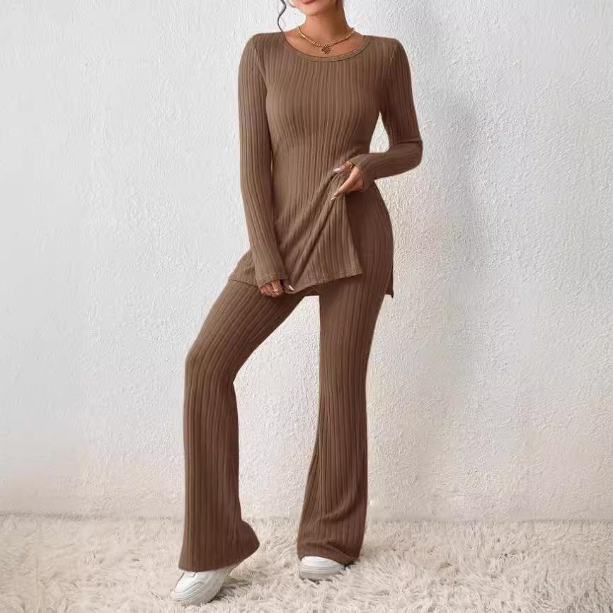 Knit Ribbed Long Sleeve Top and Wide Leg Pants Set