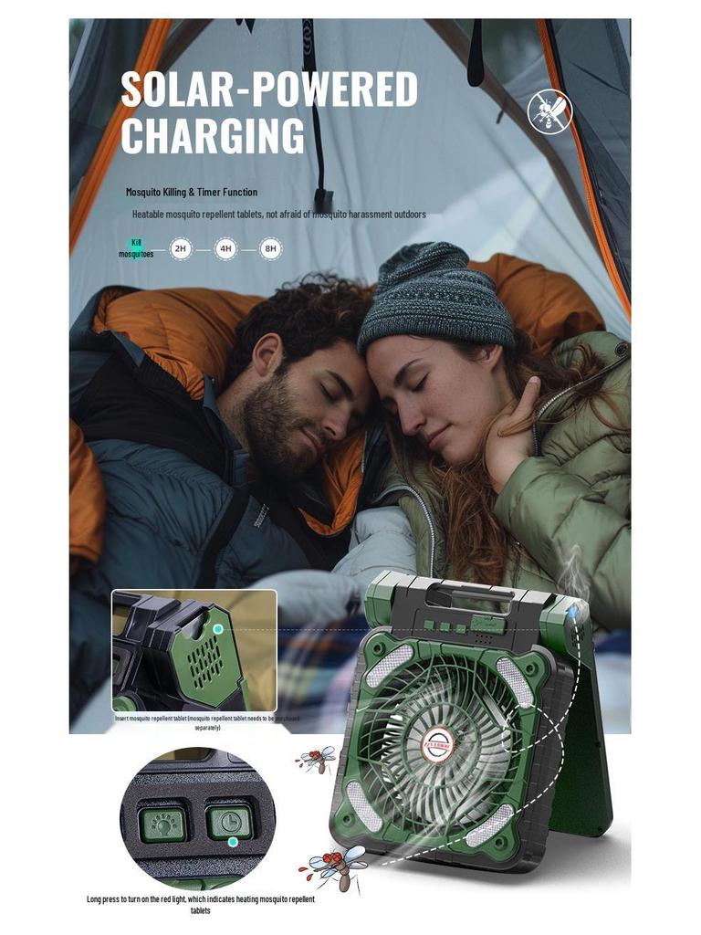Solar-Powered Portable Camping Fan with USB Charging and LED Light