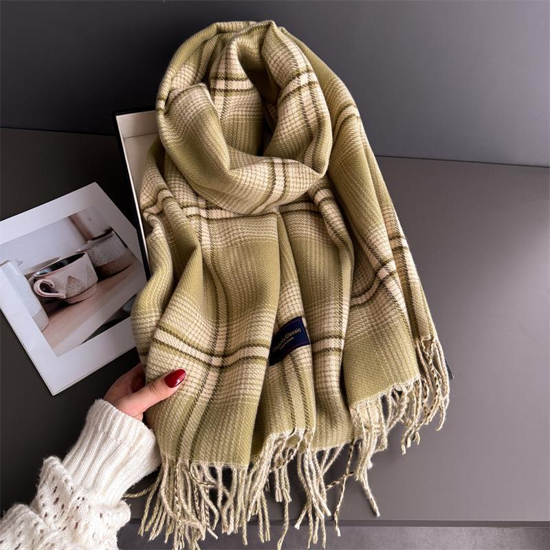 

Korean High-End Autumn And Winter Plaid Warm Scarf Women S Shawl Versatile Commuter Fringed Fine Sand Imitation Cashmere Scarf 200cmX53cm (with tassel)
