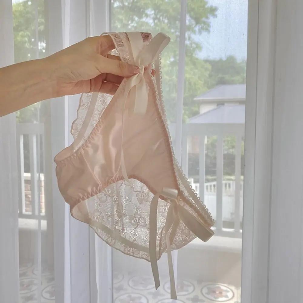 Breathable Hollow Out Lace Bow Panties Solid Color Low-Waist Seamless Briefs with Cotton Crotch for Women Female Lingerie