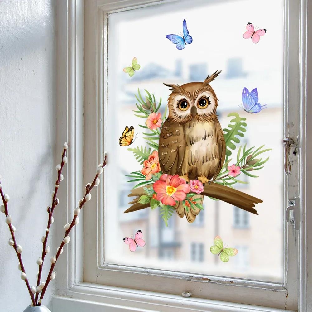 New Owl Flower Branch Wall Stickers Living Room Glass Window Home Decorration Mural Bedroom Decor Self Adhesive Animal Decals